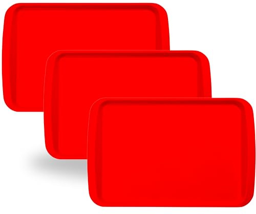 BuzzTrove Serving Trays | Durable Plastic Tea Tray & Dinner Tray | Trays for Eating on Lap, Food Serving & Snacks | Dishwasher Safe, Stackable (Red, Pack of 3 (53 x 32.6 x 3 cm))