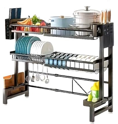 Over The Sink Dish Drying Rack, Adjustable Expandable Dish Drainer Rack | Dish Drying Rack with Utensil Holder, Space Saving Kitchen Counter Organizer for Dishes, Plates, Bowls, 62-100cm