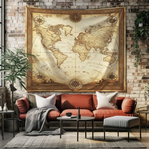 SKOEUI Vintage Weltkarte Wandteppich Antik Kompass Wandteppiche für Schlafzimmer Tuch für die Wand in Living Room Decoration Großes Format Wandbehang Stoff 230x210cm