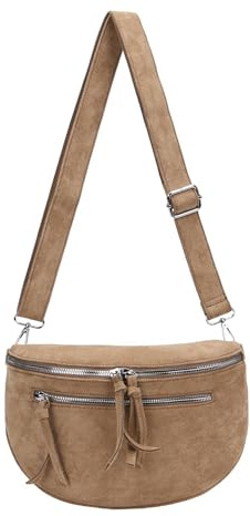 Damen Tasche Gürteltasche Crossbody Leder Optik Hüfttasche Bauchtasche Umhängetasche Cross-Over Bodybag Schultertasche Handytasche Leder Optik Helltaupe.