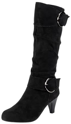 LCpddajlspig Stivali Al Polpaccio da Donna Elegante Stivaletto con Fibbia Tinta Unita Stivaletti con ​​Kitten Morbidi Boots ​​Punta Rotonda​​ in Pelle Scamosciata​​ Nere 38