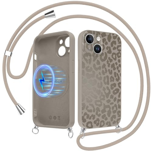 Xylota Magnetische Handyband Handyhülle für iPhone 15 Hülle mit Band, Kompatibel mit MagSafe, Leopard Muster Aesthetic Case mit Kordel, Flüssigem Silikon Weich TPU Stoßfeste Schutzhülle 6,1, Braun