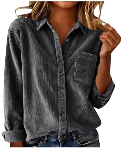 Generisch Bluse Damen Cord Einfarbig Langarm Top mit Knöpfen und Brusttasche Oberteile Frauen Kleidung für Alltag Büro Freizeit Reisen Frühling Herbst Casual
