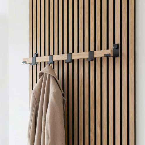 Kleider- & Schuhstange aus Eiche für Akustikpaneele ohne Bohren – Wandgarderobe/Garderobenstange & Schuhhalter für Wandpaneele im Flur und Eingangsbereich – Classic Oak (99 cm – Einzelstange)