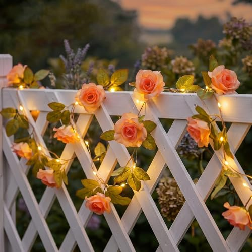 Guirnalda Luces de Rosas, 2,2m 40 LED Flores Artificiales Naranja-Rojas de Pilas con Hiedra, 8 Modos Guirnalda Floral para Interior Exterior, Decoración de Habitación Balcón Jardín Boda Ventana