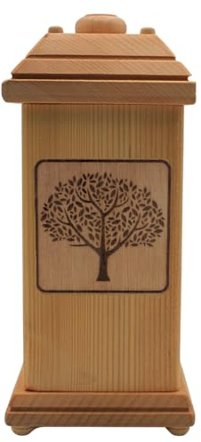 Würdevolle schlichte Tierurne, Urne für Kleintiere, Andenkurne Haustier, Haustierandenken, Aschebox, Andenkbox, Tierurne groß, Urne mit Lebensbaummotiv aus massivem Buchenholz, L/B/H 12 x 12 x 30 cm.