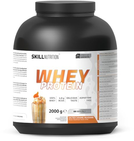 SKILL Nutrition Whey Protein | Molkenprotein | 23g Protein pro Portion | Hohe Löslichkeit | Unterstützung für Muskelaufbau & Regeneration | 2000g | Salzkaramell-Milkshake-Geschmack