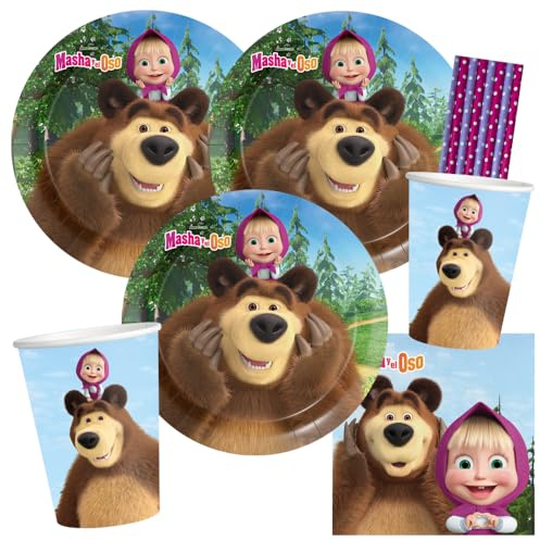 BeenSmile Set per feste Masha e Orso, 36 pezzi | piatti di carta, bicchieri di carta, tovaglioli, cannucce di carta, compleanno per bambini