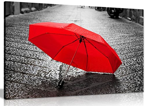 Red Umbrella On Cobblestones Black & White Canvas Wall Art Picture Print (24x16in)