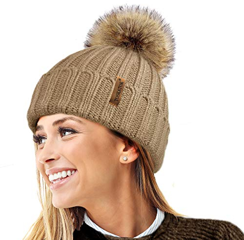 TOSKATOK® Womens Winter-Rib Strickmütze/Beanie mit abnehmbaren Chunky Faux Fur Bobble Pom Pom-Camel