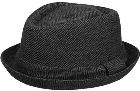 Lipodo Diamond Crown Herringbone Wollhut Damen/Herren - Pork Pie mit Wolle - Fedora mit Innenfutter - Stoffhut Sommer/Winter - Hut schwarz-grau M (56-57 cm)