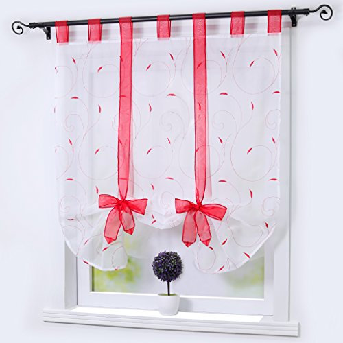 Joyswahl Raffrollo Voile transparentes Raffgardine Elena Stickereien Blätter Gardine BxH 140x140cm Rot 1er Pack