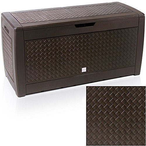 EAZYGOODS Extra Large Capacity Plastic Garden Storage Box Chest Container, Weatherproof with Durable & Lockable Sit On Lid 310 L (Wicker Design, Brown (wicker))