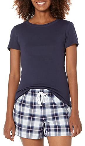 Amazon Essentials Set con Maglietta del Pigiama e Pantaloncini in Popeline Donna, Blu Marino Motivo Scozzese, XL