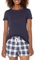 Amazon Essentials Set con Maglietta del Pigiama e Pantaloncini in Popeline Donna, Blu Marino Motivo Scozzese, XL