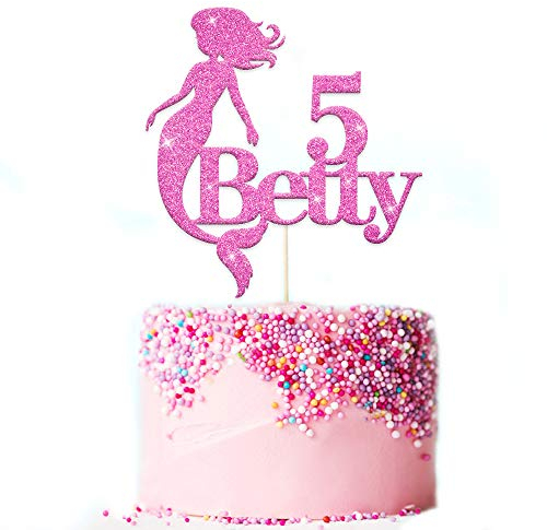 PERSONALISED Girls Birthday Cake Topper - Personalise with ANY NAME and ANY AGE - Made from Non-shed Double Sided Glitter Mermaid Cake Decoration(Pink)
