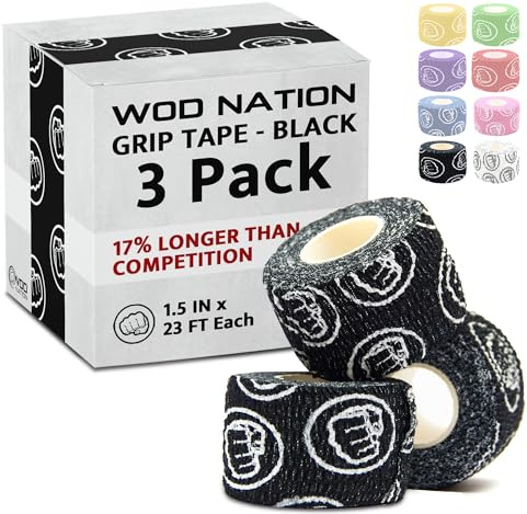 WOD Nation Gewichtheber-Haken-Griffband, 3 Stück, 6,9 m lang, klebrig, bequem und dehnbar, athletisches Klebeband für Gewichtheben für Crossfit- und Cross-Training, Daumen-, Hand- und Fingerschutz
