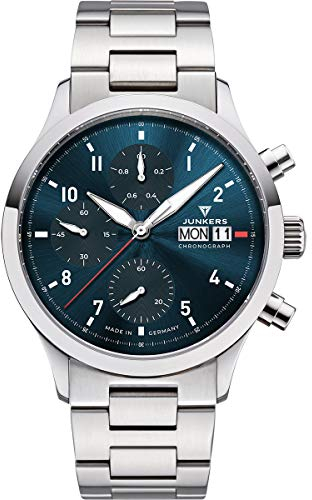 Junkers Cockpit Analog Quarz Flieger Uhr Chronograph Edelstahlarmband Saphirglas blau 9.14.01.12.M