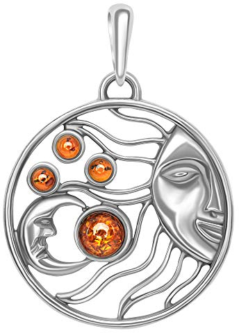 ANDANTE Premium Collection - Echter OSTSEE Bernstein Kettenanhänger in 925 Sterling Silber ** Sonne & Mond ** Zertifiziert - Gold des MEERES - Farbe COGNAC