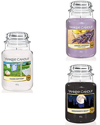 Yankee Candle Candele in Giara Grande, Clean Cotton + Lavanda al limone + Notte di Mezza Estate, Durata Fino a 150 Ore