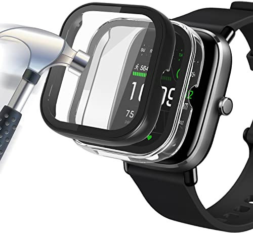 Acadeny 2-Stück Hülle Mit Gehärtetes Glas Displayschutz Kompatibles für Amazfit GTS 2 mini Smartwatch,9H Härte 360° Rundum Schutzhülle Ultradünne Schutz PC Case Cover,schwarz +Transparent