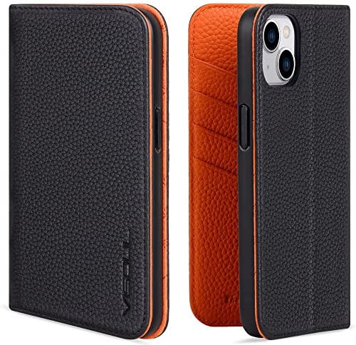 VISOUL Genuine Leather Case Compatible for iPhone 14 plus 6.7 2022 Wallet Case with Card Holder, Magnetic Folio cover, Kickstand, Shockproof TPU Inner Shell-Orange