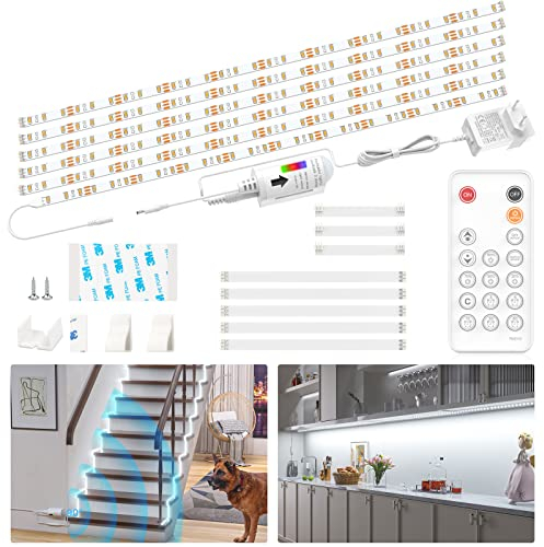 WOBSION Striscia Led Sensore Movimento,Dimmerabile 3M Striscie Led Bianco Freddo 6000K,6X50CM,Luci Led Sottopensile,Adesiva 1500LM per Guardaroba,Camera da Letto,Ripostiglio