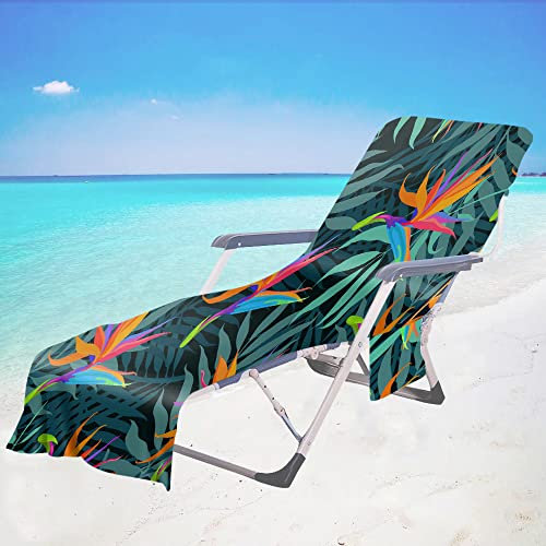 Surwin 3D Sun Lounger Beach Towel with Pockets, Tropical Leaves Beach Chair Cover Chaise Lounge Towel Cover Mate Sunbed Towels For Summer Holiday Garden Outdoor Pool (Hawaii,75x210cm)
