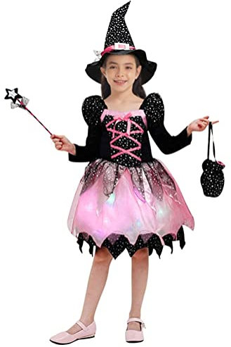 Alvivi Enfant Fille Déguisement Sorcière Costume Cosplay Halloween Carnaval Fête Princesse Robe + Chepeau +Baguette + Sac De Bonbons 3-10 Ans Rose+Lumières 4-5 ans