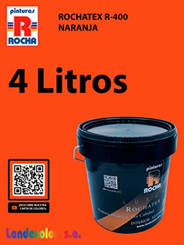 Pinturas Rocha ROCHATEX R-400, Pintura plástica de muy altas prestaciones para interior y exterior, Super resistente a las manchas, agua y agentes atmosféricos, Naranja, 4lt