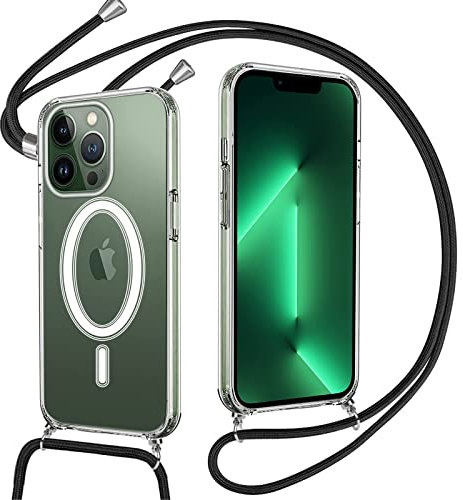 Pnakqil Handykette für iPhone 13 Pro Hülle mit Band, Kompatibel mit MagSafe, Transparent Magnetische Handyhülle mit Kordel Necklace Stoßfest Kratzresistente Riemen Lanyard für iPhone 13Pro, Schwarz