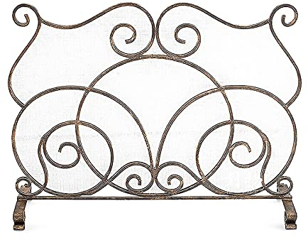 Fire Guard Freistehender Kaminschutz mit schmiedeeisernem Rahmen， Goldfarbenes Funkenschutzgitter mit dekorativem Metallgitter für den Außen- und Innenbereich (Color : Brass) (Messing) Needed
