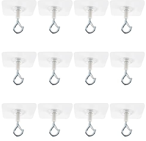 UFURMATE Self Adhesive Hooks, 12 Pcs Adhesive Ceiling Hooks with Safety Buckle No Nails Wall Hooks Plastic Sticky Hooks for Hanging Fairy Light, Wind Chimes, Pull Flag