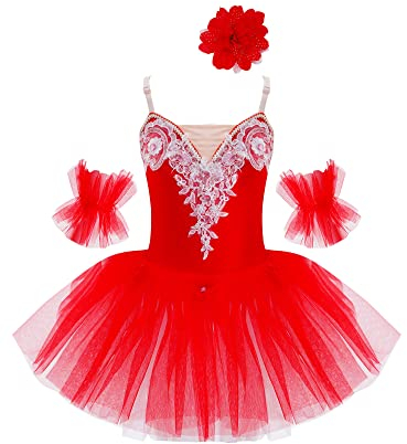 TiaoBug Mädchen Ballettkleidung 3tlg.Set Ballettkleid+Handschuhe+Haarband Kinder Ballettanzug Ballett Trikot Tanz Kostüm Tütü Kleid 104 110 116 122 128 140 152 Rot N 158-164