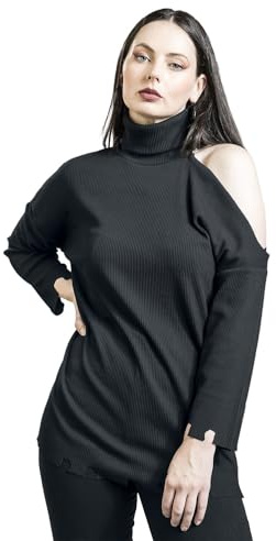 Gothicana by EMP Damen schwarzes Langarmshirt im Destroyed Look mit einseitiger Cold-Shoulder