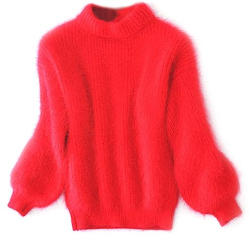 CHUSHEN Maglione da donna casual, lavorato a maglia, a maniche lunghe, girocollo, tinta unita, in cashmere, morbido, tinta unita, maglione vintage d'angora da donna (rosso, taglia unica), Rosso