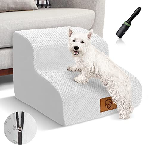 Myiosus Dog Steps for Sofa, High Density Foam Pet Stairs for Bed, 2-Steps Dog Stairs with Non Slip Cover, Washable Dog Ramps Ladder for Dogs and Cats, White