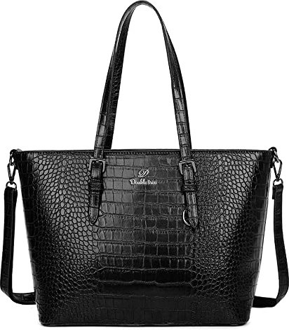 Double Tree - Sac à Main Bandoulière Femme Similicuir Crocodile - Cabas Fourre-Tout Format A4 Cours Lycée - Sac Shopping Ville Travail Porté Epaule - Elégant Tendance - NOIR