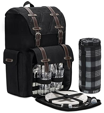 ZORMY Picknickrucksack für 4 Personen mit Decke und Kühltasche, All-in-One Tragbare Picknicktasche mit Besteckset, Picknickkorb-Set mit Weinbeutel, Perfekt für Camping (Black)