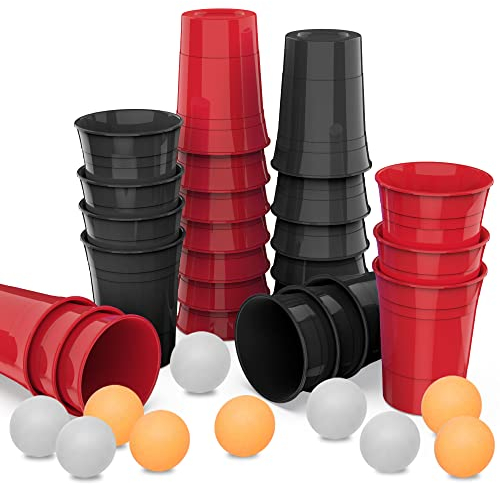 LOTMOFUN Becher Plastik Set, 26 Plastikbecher Mehrweg Hartplastik16oz/473ml Trinkbecher für Camping, Geburtstag, Hochzeit, Partybecher (13 Rot+13 Schwarz)