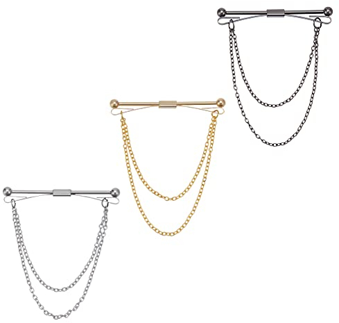 WEBEEDY 3 STÜCK Krawattennadel-Set Für Männer Kragenklammer-Set Krawattenklammer-Kette Fransen-Krawattenketten-Sets Anstecknadel-Clips Mit Kette Kragenstange Quastenbrosche (Gold Silber Schwarz)