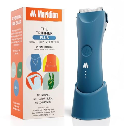 MERIDIAN Trimmer Plus Körperhaartrimmer, verstellbarer Schutz, USB-C-Ladegerät, Blitzlicht, Reiseschloss, Ladestation, Bikini-Trimmer, Herren-Körperhaarschneider – Ozean