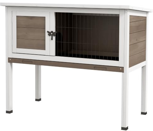 Pawhut Kaninchenstall aus Holz, Meerschweinchenstall, Hasenkäfig, Hinterhof, eingebauter Tablett, zu öffnen, Asphaltdach Kleintierhaus, 86 x 45 x 70 cm, Braun