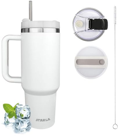 STARLA Mug Isotherme avec paille et poignée, 1,2l grand, 2 couvercles, tasse isotherme étanche, tasse à café à emporter, tasse à eau, tasse à boisson, tasse de voyage, tasse à boire (Blanc)