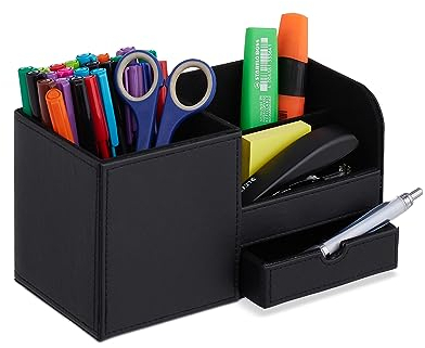 Relaxdays Schreibtisch Organizer, Büroorganizer mit 3 Fächern & Schublade, HBT: 12 x 22,5 x 11 cm, Stiftehalter, schwarz, Kunststoff, Baumwolle, Papier
