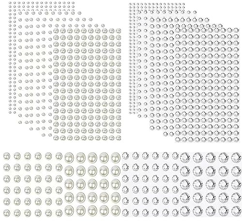 2032pcs Self Adhesive Hair Gems and Hair Pearls, Face Pearls and Jewels Stickers for Makeup, Crafts, Hair Face DIY Decor Art Crafts Home Decor Scrapbooking Embellishment, 3mm/4mm/5mm/6mm/8mm/10mm/12mm