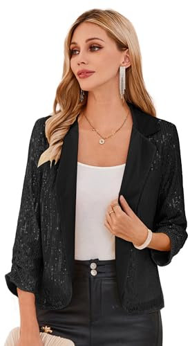 GRACE KARIN Femme Veste de Costume à Sequins Élégant Blazer Officiel Ouvert Avant Manches 3/4 pour Bureau XL Noir à Sequins