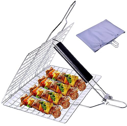 Griglia pieghevole in acciaio inox, con manico rimovibile per grigliate all'aperto, pesce e verdure, rettangolare
