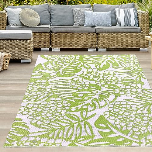 Teppich-Traum Outdoor Wendeteppich Blätter Hellgrün Weiß 150x220 cm | Wetterfest, wasserfest, wendbar, pflegeleicht und UV-beständig, für Balkon, Terrasse, Garten, Picknick & Camping