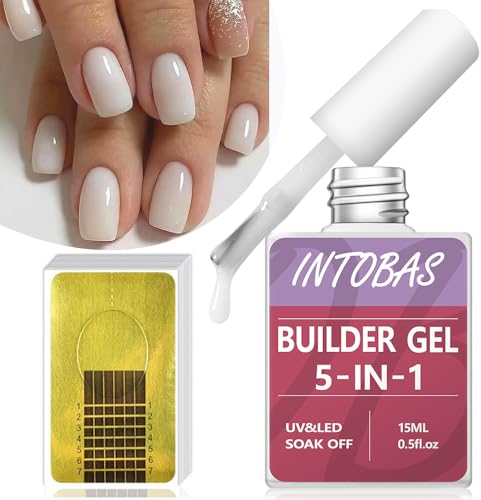 INTOBAS 5-IN-1 Builder Gel Für Nägel White, Gel Nagellack UV Set Mit Nagelformen 100 Stück, Aufbaugel Für Nägel UV/LED, Nail Builder Gel Für Nagelverlängerungen, Verlängerungen, Nagelkunst, Aufkleber